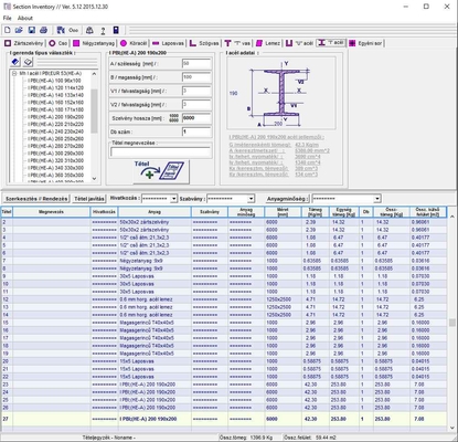 Section Inventory Section Inventory | (Acél) szelvény tételjegyzék készítő program